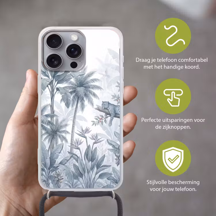 Kat - Tropisch bos - Modern - Grijs Hoesje iPhone 16 Pro Max met koord klein -sfeer2_NL