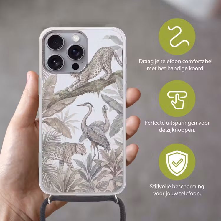 Kat - Vogel - Jungle - Illustratie - Dieren Hoesje iPhone 16 Pro Max met koord klein -sfeer2_NL