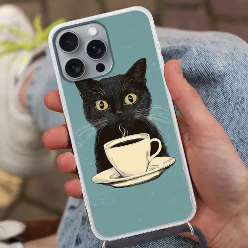 Kat - Zwart - Koffie - Minimalistisch Hoesje iPhone 16 Pro Max met koord klein -sfeer3