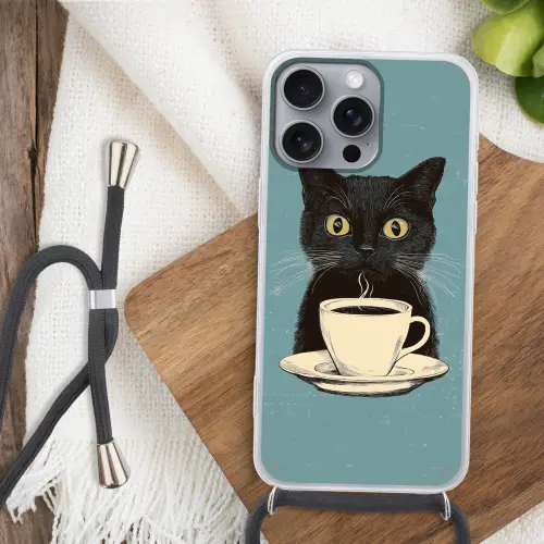 Kat - Zwart - Koffie - Minimalistisch Hoesje iPhone 16 Pro Max met koord klein -sfeer4