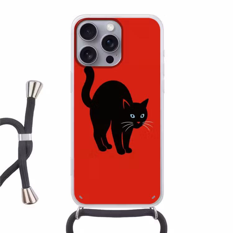 Kat - Zwart - Staart Hoesje iPhone 16 Pro Max met koord klein -3d