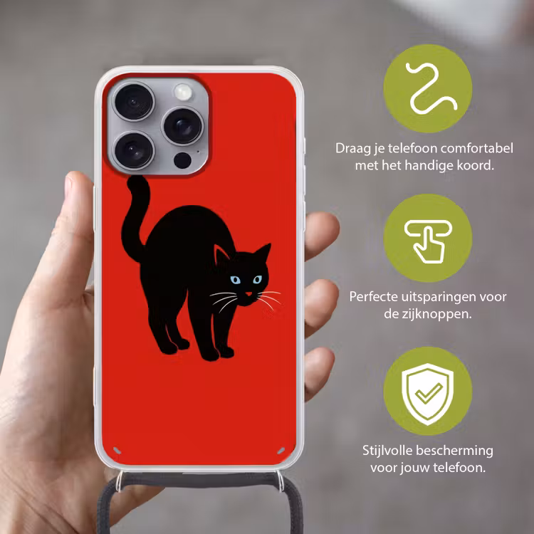 Kat - Zwart - Staart Hoesje iPhone 16 Pro Max met koord klein -sfeer2_NL
