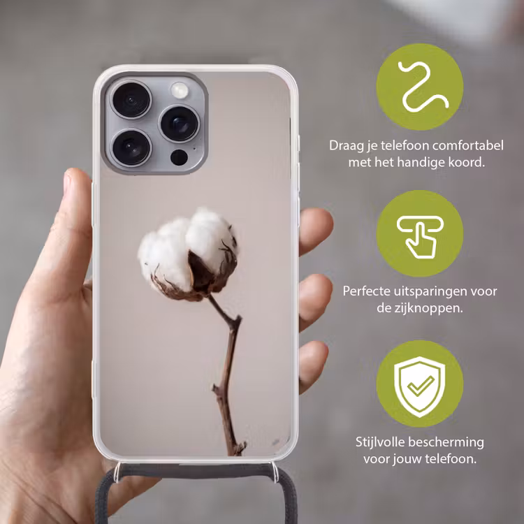 Katoenbol - Minimalistisch - Wit Hoesje iPhone 16 Pro Max met koord klein -sfeer2_NL