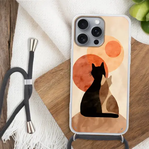 Katten - Zwart - Abstract - Cirkels Hoesje iPhone 16 Pro Max met koord klein -sfeer4