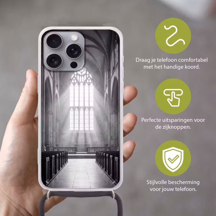 Kerk - Interieur - Lichtstralen - Architectuur - Klassiek Hoesje iPhone 16 Pro Max met koord klein -sfeer2_NL