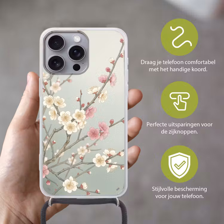 Kersen - Bloesem - Groen Hoesje iPhone 16 Pro Max met koord klein -sfeer2_NL