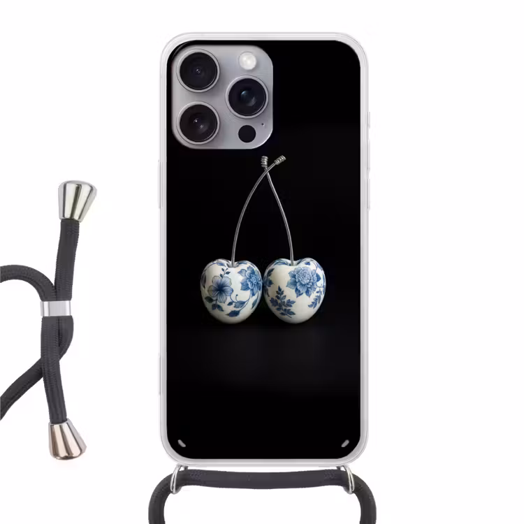 Kersen - Delfts blauw - Fruit Hoesje iPhone 16 Pro Max met koord klein -3d