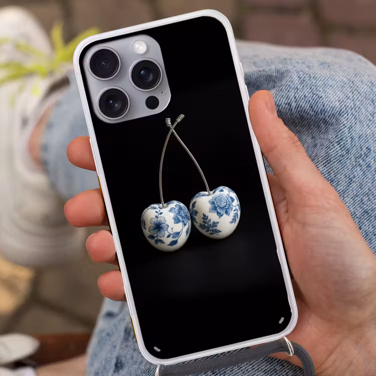 Kersen - Delfts blauw - Fruit Hoesje iPhone 16 Pro Max met koord klein -sfeer3