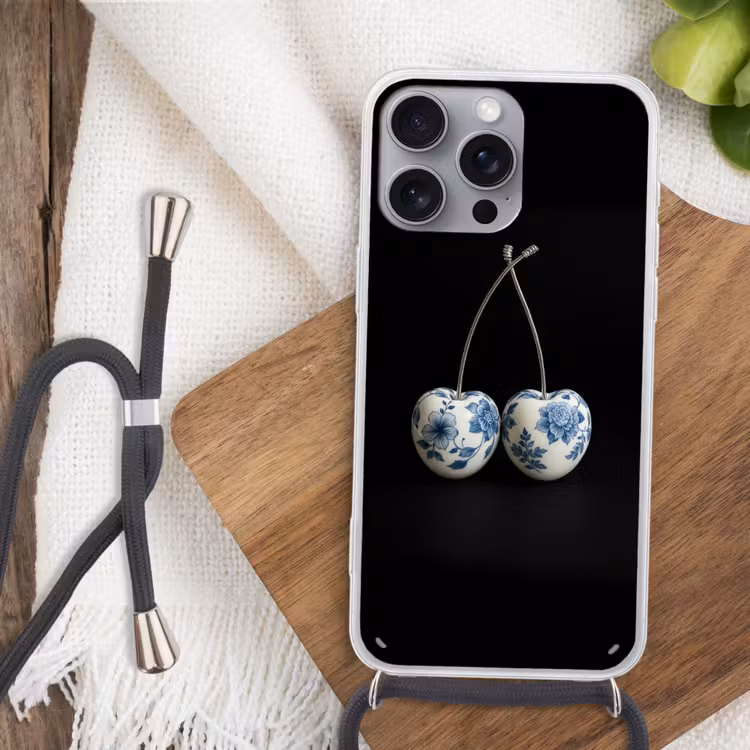 Kersen - Delfts blauw - Fruit Hoesje iPhone 16 Pro Max met koord klein -sfeer4