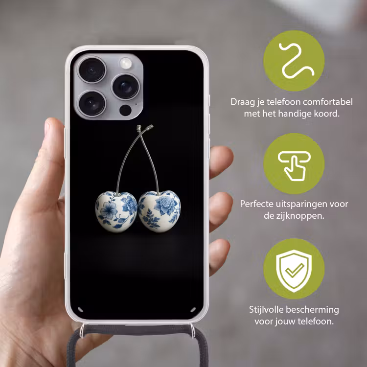 Kersen - Delfts blauw - Fruit Hoesje iPhone 16 Pro Max met koord klein -sfeer2_NL