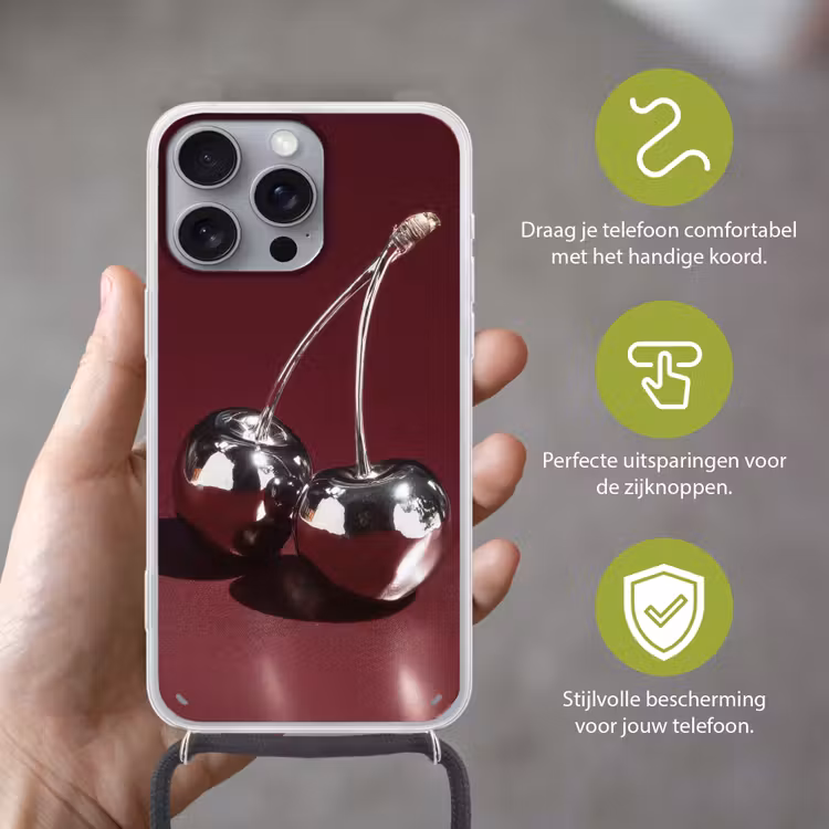 Kersen - Glanzend - Bordeaux Hoesje iPhone 16 Pro Max met koord klein -sfeer2_NL
