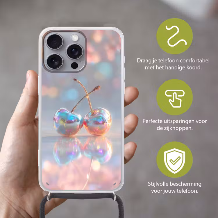Kersen - Glanzend - Regenboogkleur Hoesje iPhone 16 Pro Max met koord klein -sfeer2_NL