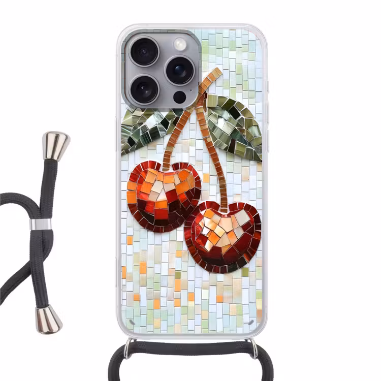 Kersen - Rood - Mozaïek - Blaadjes Hoesje iPhone 16 Pro Max met koord klein -3d