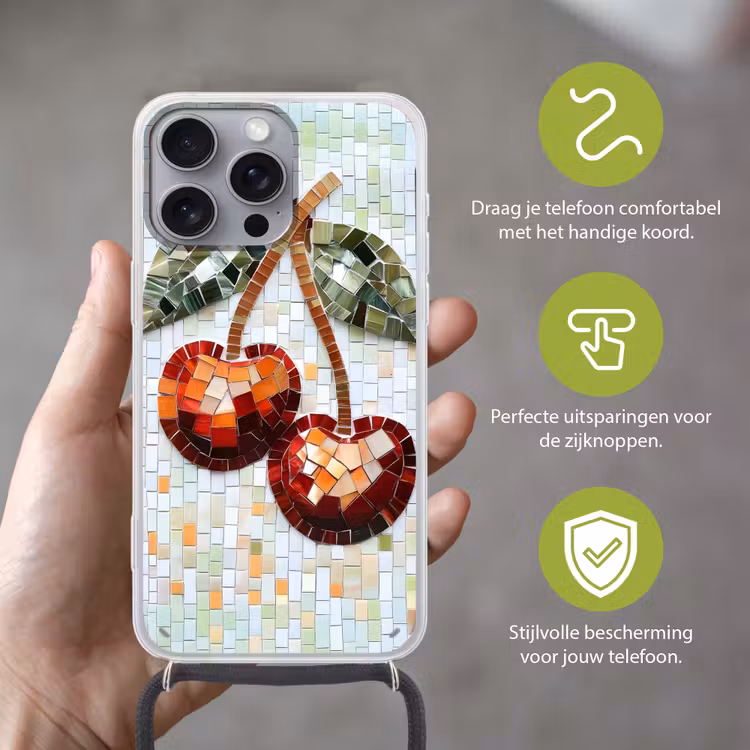 Kersen - Rood - Mozaïek - Blaadjes Hoesje iPhone 16 Pro Max met koord klein -sfeer2_NL