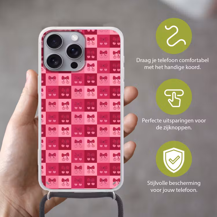 Kersen - Strikjes - Speels - Roze - Bordeaux Hoesje iPhone 16 Pro Max met koord klein 804 -sfeer2_NL