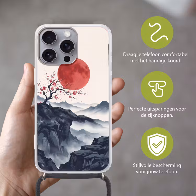 Kersenbloesem - Oosters - Rood Hoesje iPhone 16 Pro Max met koord klein -sfeer2_NL