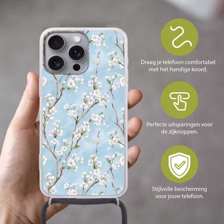 Kersenbloesem - Textuur - Blauw Hoesje iPhone 16 Pro Max met koord klein 804 -sfeer2_NL