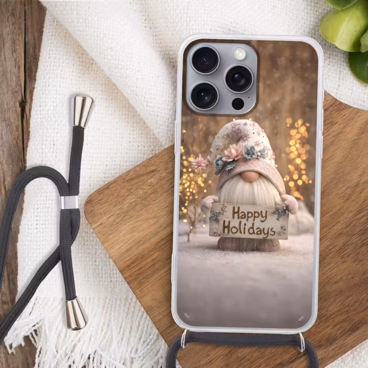 Kerst - Gnome - Bord - Kleurrijk Hoesje iPhone 16 Pro Max met koord klein -sfeer4