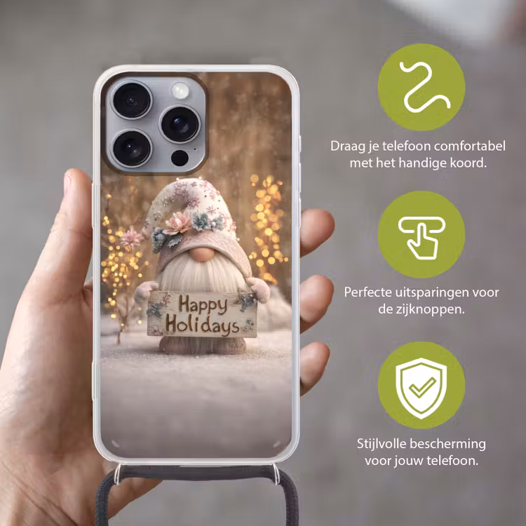 Kerst - Gnome - Bord - Kleurrijk Hoesje iPhone 16 Pro Max met koord klein -sfeer2_NL