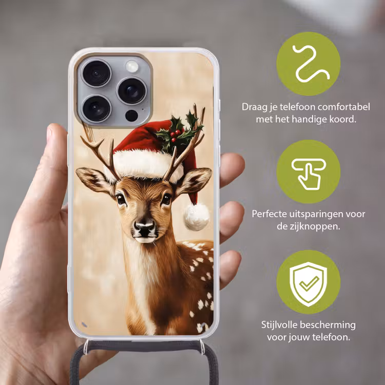 Kerst - Hert - Gewei - Rood Hoesje iPhone 16 Pro Max met koord klein -sfeer2_NL