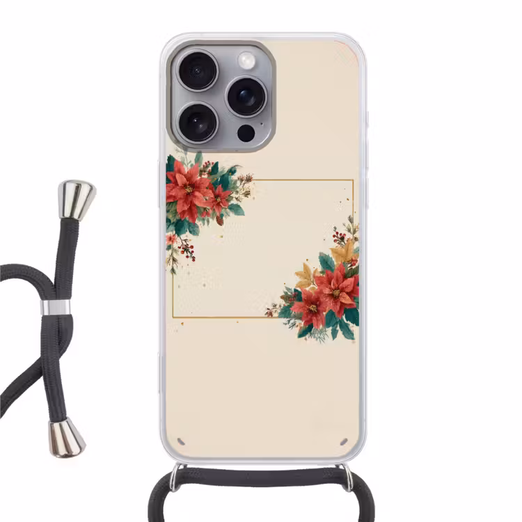 Kerst - Poinsettia - Omlijsting - Kleurrijk Hoesje iPhone 16 Pro Max met koord klein -3d