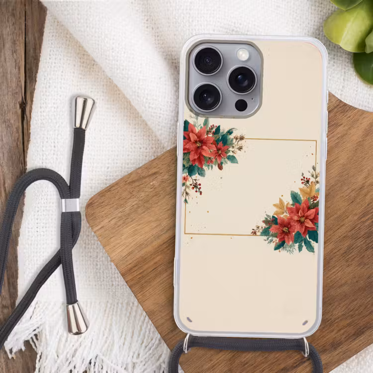 Kerst - Poinsettia - Omlijsting - Kleurrijk Hoesje iPhone 16 Pro Max met koord klein -sfeer4