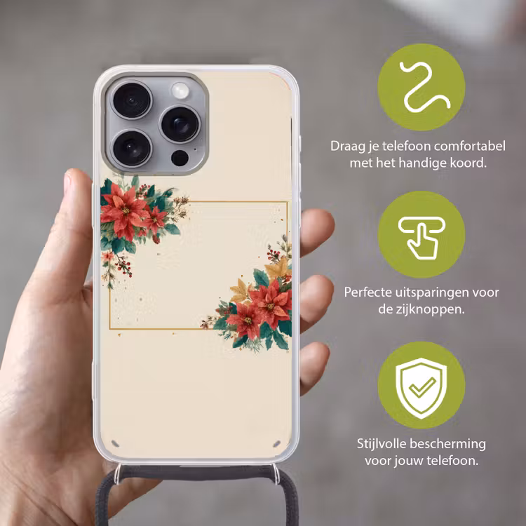 Kerst - Poinsettia - Omlijsting - Kleurrijk Hoesje iPhone 16 Pro Max met koord klein -sfeer2_NL