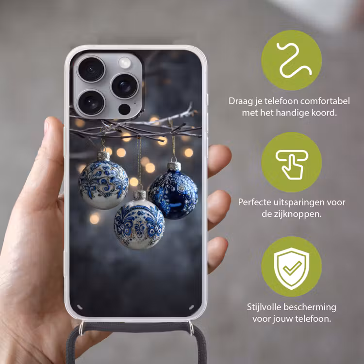 Kerstbal - Versierd - Blauw Hoesje iPhone 16 Pro Max met koord klein -sfeer2_NL