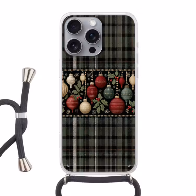 Kerstballen - Rood - Hulsttakken - Patroon Hoesje iPhone 16 Pro Max met koord klein -3d