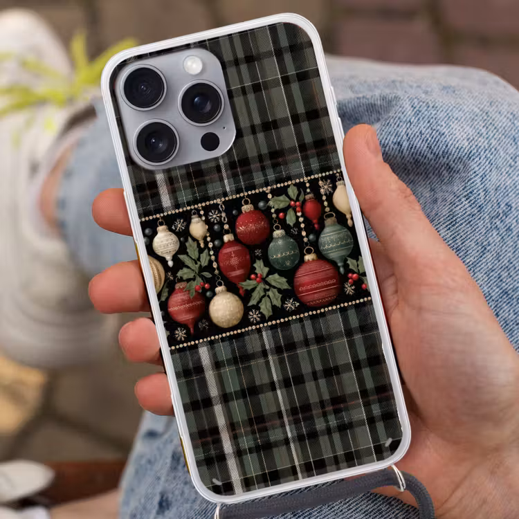 Kerstballen - Rood - Hulsttakken - Patroon Hoesje iPhone 16 Pro Max met koord klein -sfeer3