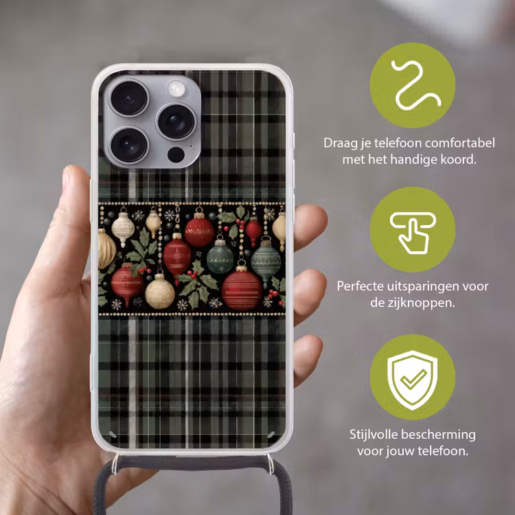 Kerstballen - Rood - Hulsttakken - Patroon Hoesje iPhone 16 Pro Max met koord klein -sfeer2_NL