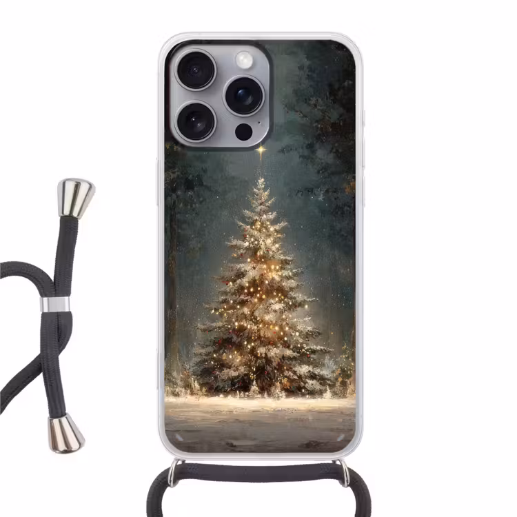 Kerstboom - Bos - Sneeuw - meerkleurig Hoesje iPhone 16 Pro Max met koord klein -3d