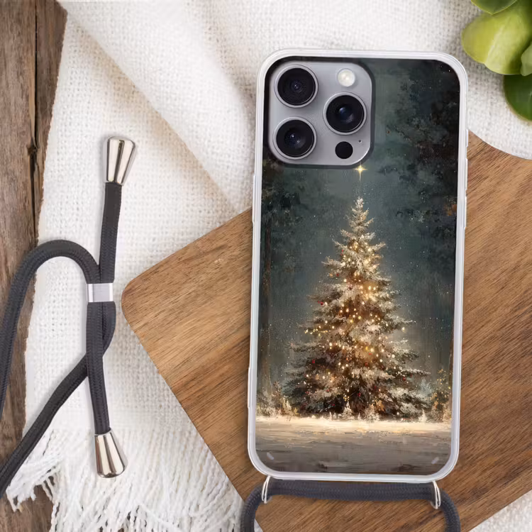 Kerstboom - Bos - Sneeuw - meerkleurig Hoesje iPhone 16 Pro Max met koord klein -sfeer4