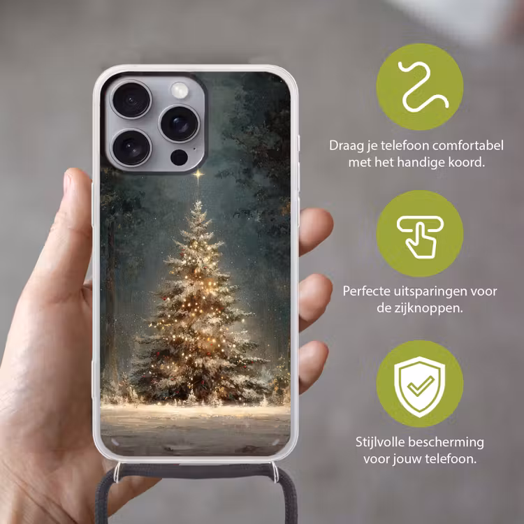 Kerstboom - Bos - Sneeuw - meerkleurig Hoesje iPhone 16 Pro Max met koord klein -sfeer2_NL