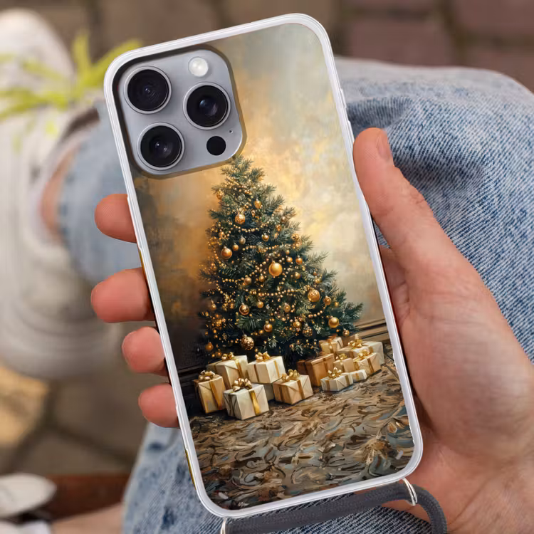Kerstboom - Cadeaus - Goud Hoesje iPhone 16 Pro Max met koord klein -sfeer3