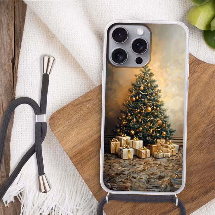 Kerstboom - Cadeaus - Goud Hoesje iPhone 16 Pro Max met koord klein -sfeer4