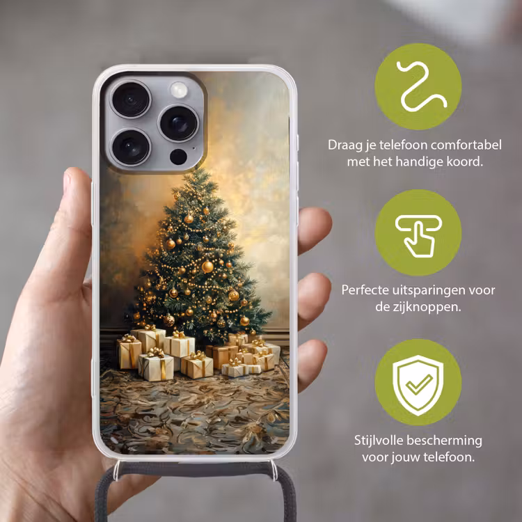Kerstboom - Cadeaus - Goud Hoesje iPhone 16 Pro Max met koord klein -sfeer2_NL