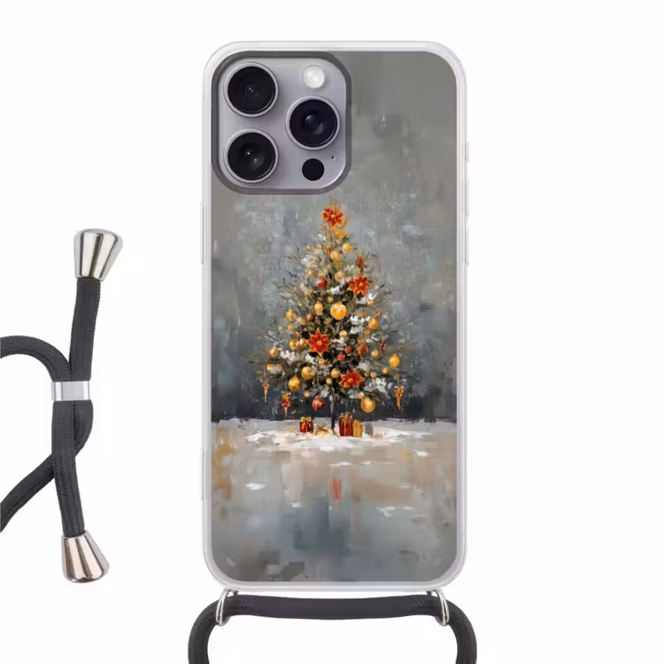 Kerstboom - Cadeaus - Rood - Goud Hoesje iPhone 16 Pro Max met koord klein -3d