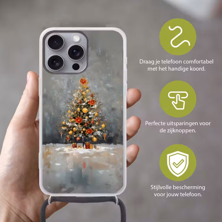 Kerstboom - Cadeaus - Rood - Goud Hoesje iPhone 16 Pro Max met koord klein -sfeer2_NL