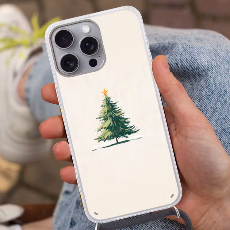 Kerstboom - Illustratie - Ster - Sneeuw Hoesje iPhone 16 Pro Max met koord klein -sfeer3