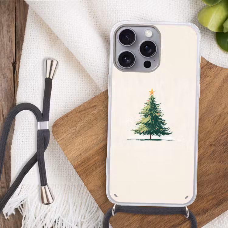 Kerstboom - Illustratie - Ster - Sneeuw Hoesje iPhone 16 Pro Max met koord klein -sfeer4