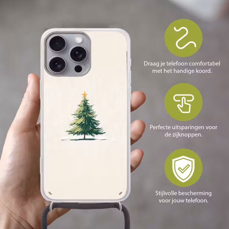Kerstboom - Illustratie - Ster - Sneeuw Hoesje iPhone 16 Pro Max met koord klein -sfeer2_NL