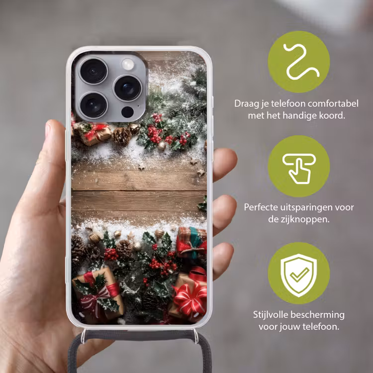 Kerstdecoratie - Geschenken - Hout - Veelkleurig Hoesje iPhone 16 Pro Max met koord klein -sfeer2_NL