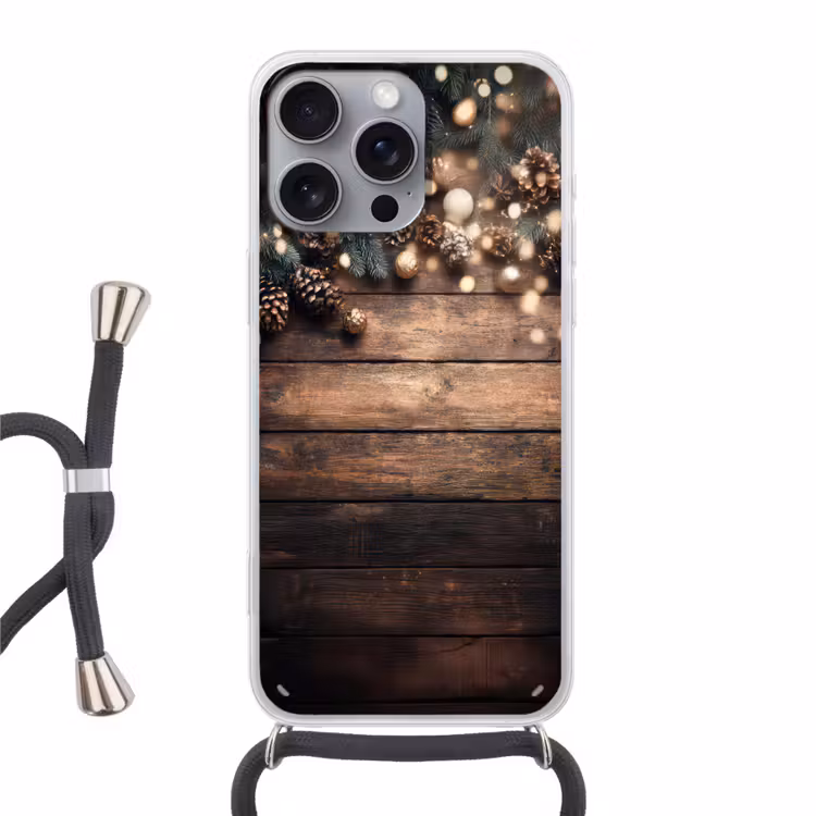 Kerstdecoratie - Houten - Dennenappel - Bruin Hoesje iPhone 16 Pro Max met koord klein -3d