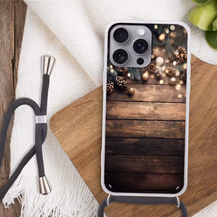 Kerstdecoratie - Houten - Dennenappel - Bruin Hoesje iPhone 16 Pro Max met koord klein -sfeer4