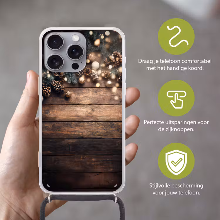Kerstdecoratie - Houten - Dennenappel - Bruin Hoesje iPhone 16 Pro Max met koord klein -sfeer2_NL