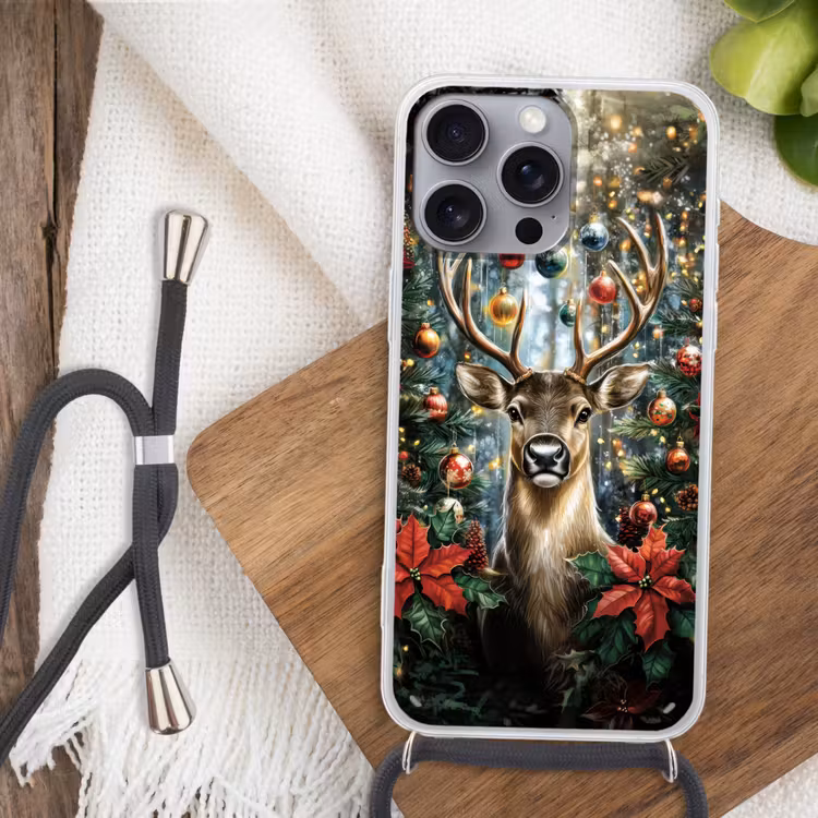 Kerstfeest - Dennenbos - Rood Hoesje iPhone 16 Pro Max met koord klein -sfeer4