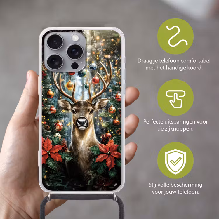 Kerstfeest - Dennenbos - Rood Hoesje iPhone 16 Pro Max met koord klein -sfeer2_NL