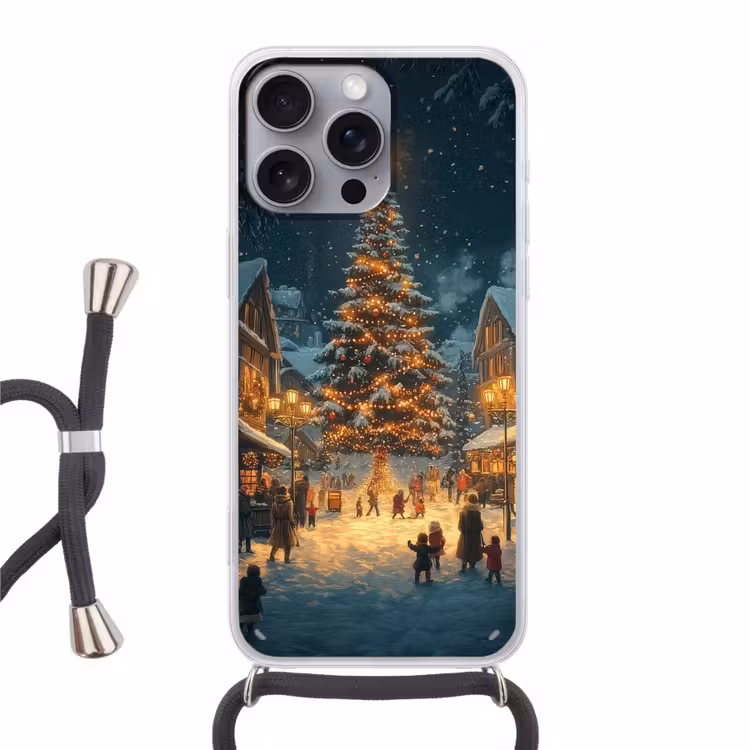 Kerstfeest - Dorp - Donker Hoesje iPhone 16 Pro Max met koord klein -3d