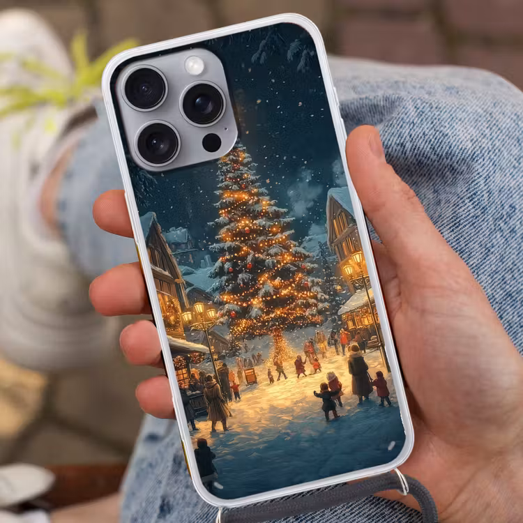 Kerstfeest - Dorp - Donker Hoesje iPhone 16 Pro Max met koord klein -sfeer3
